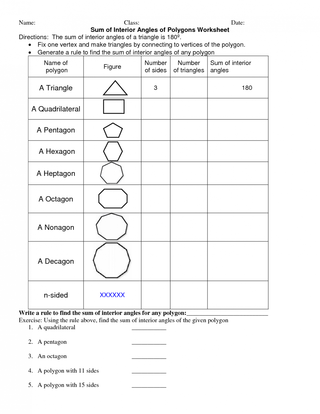 polygon worksheets  Sum of Interior Angles of Polygons Worksheet