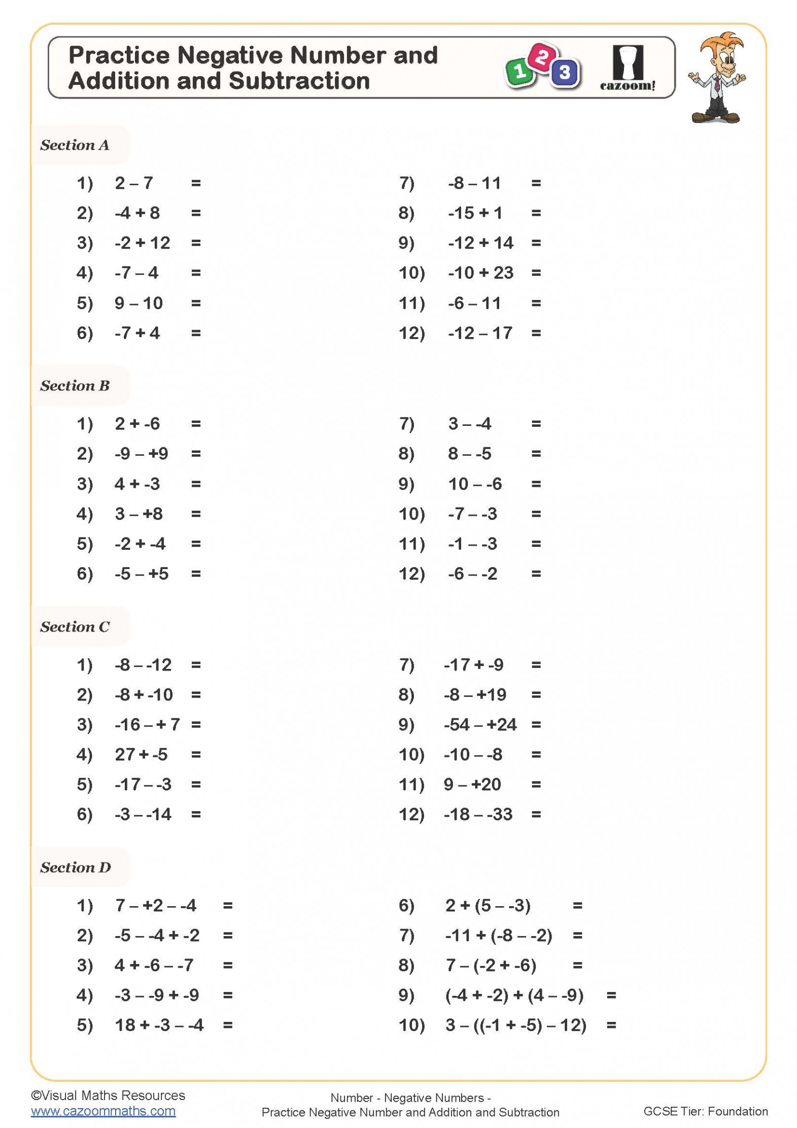 Practice Negative Number and Addition and Subtraction Worksheet