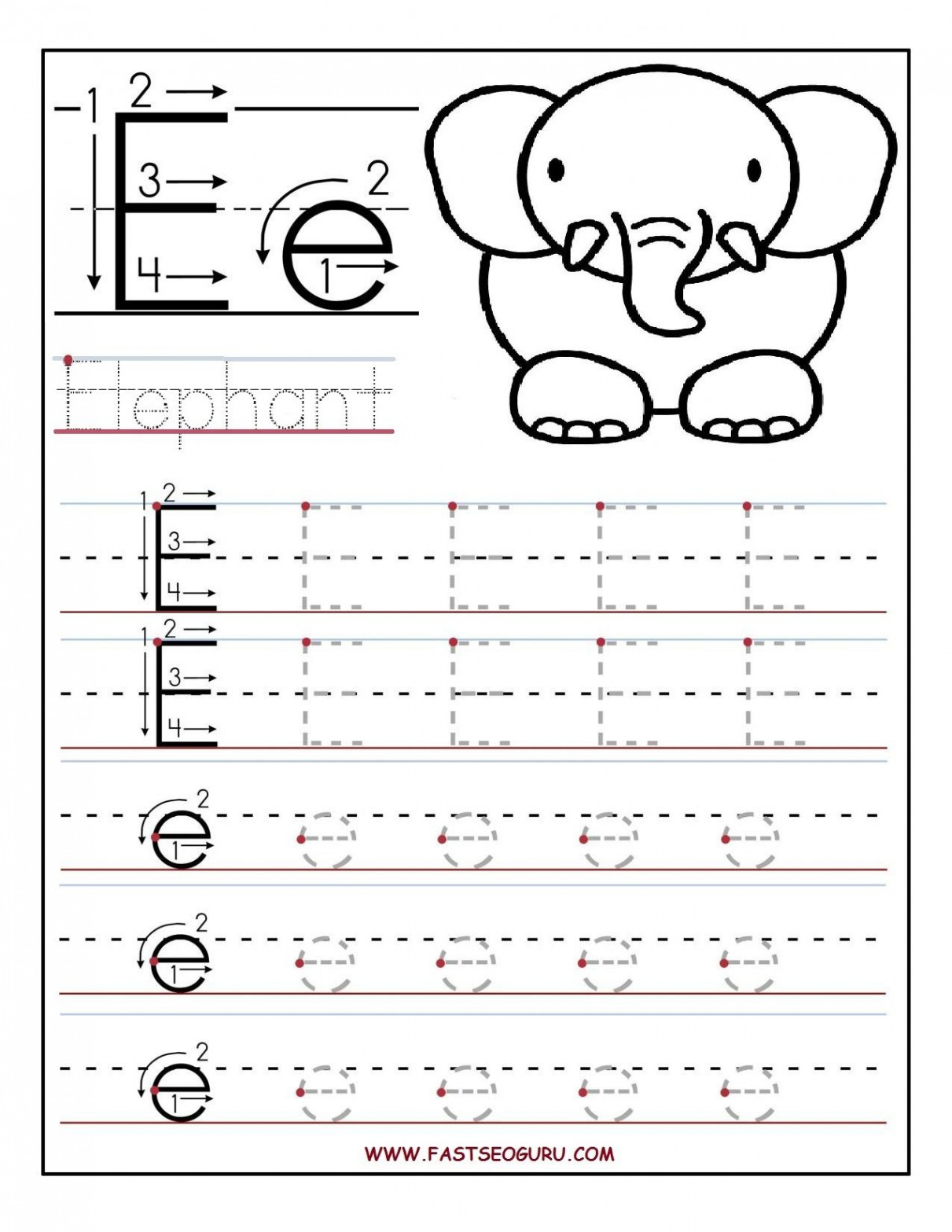 Printable letter E tracing worksheets for preschool  Alphabet