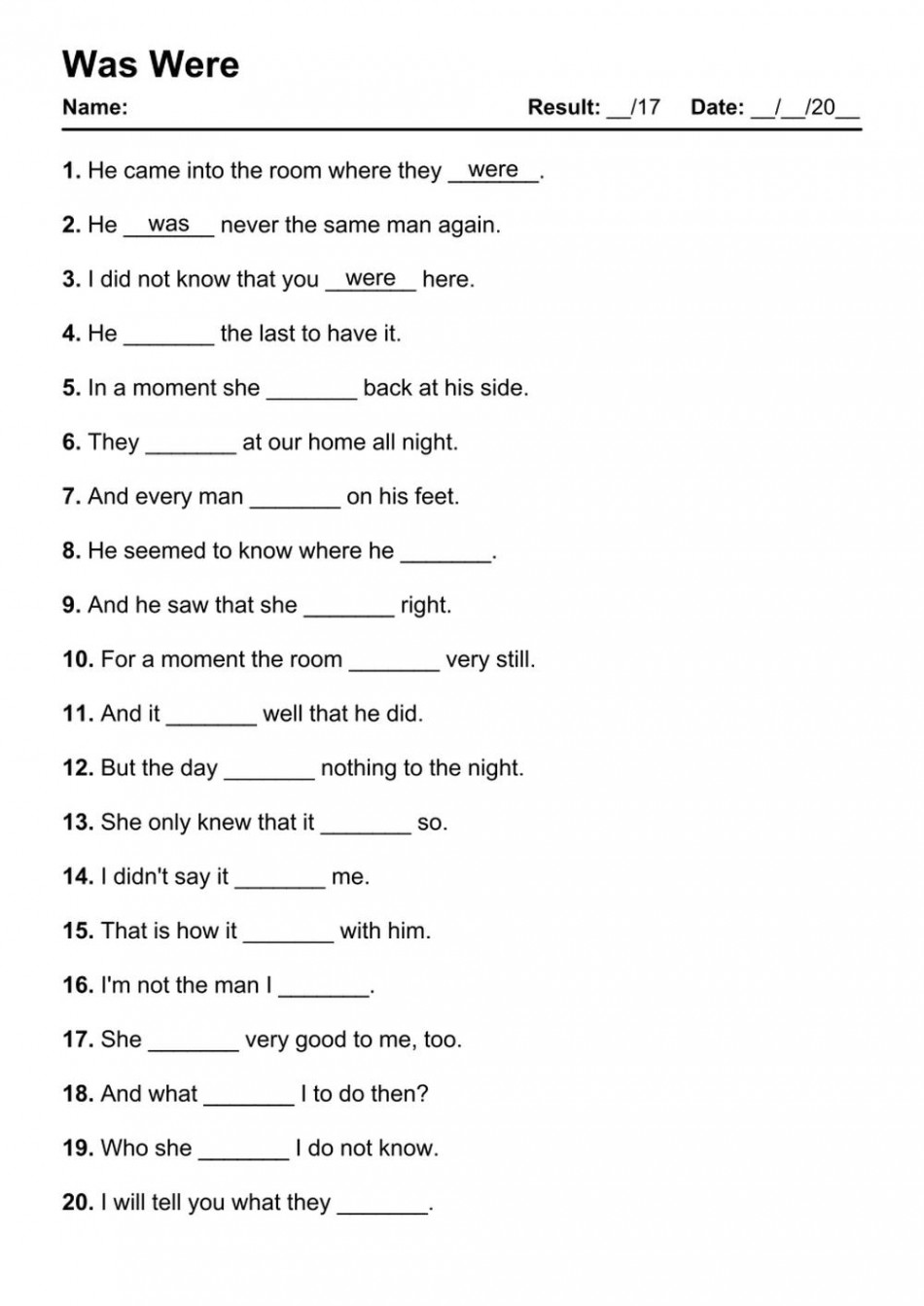 Printable Was Were PDF Worksheets with Answers - Grammarism