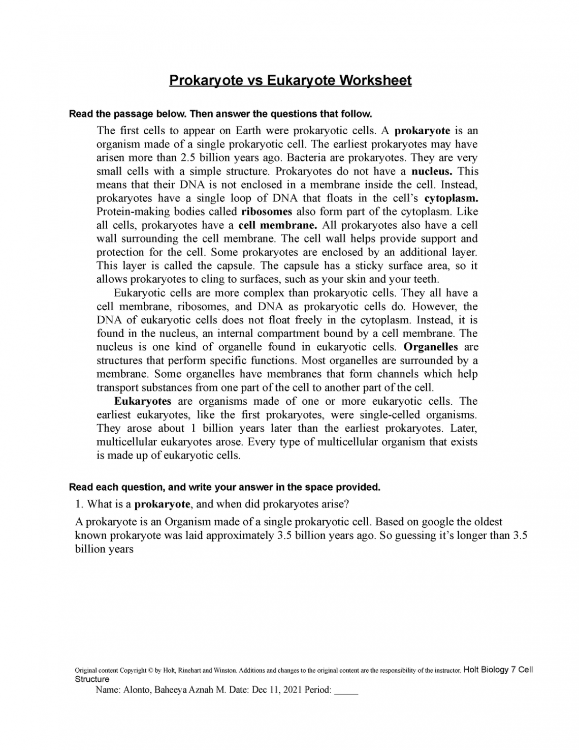 Prokaryote vs Eukaryote Worksheeet - Then answer the questions