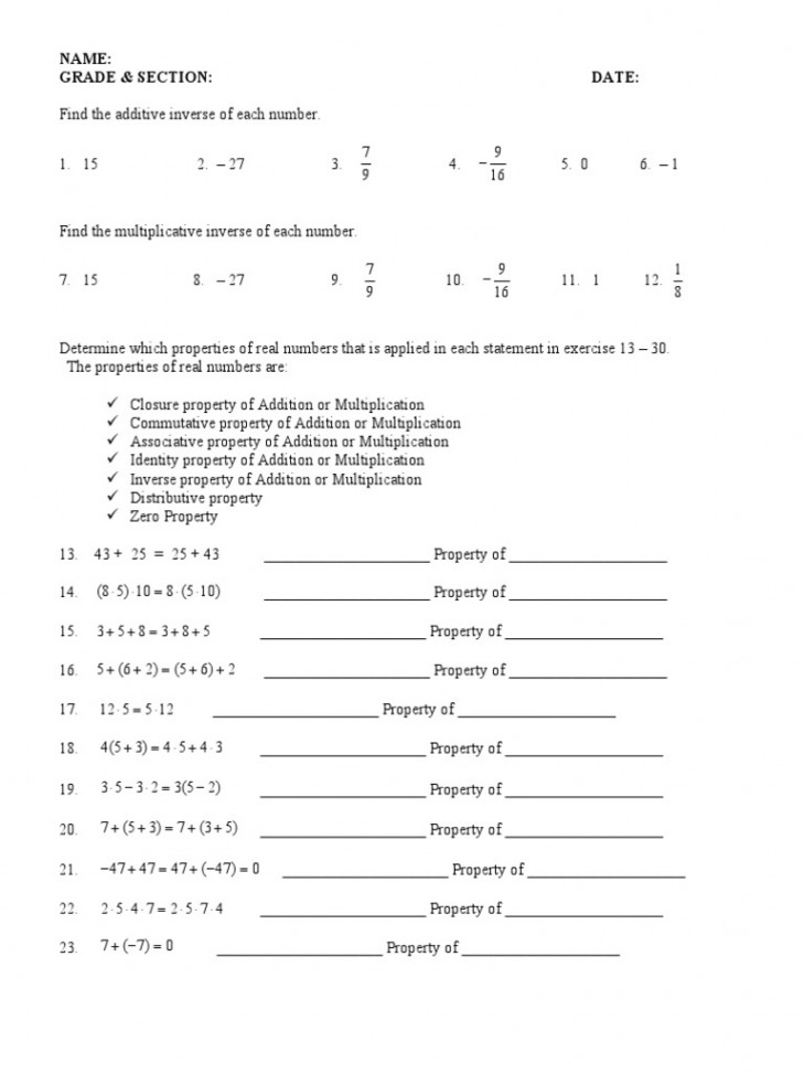 Properties of Real Numbers Worksheet  PDF  Multiplication