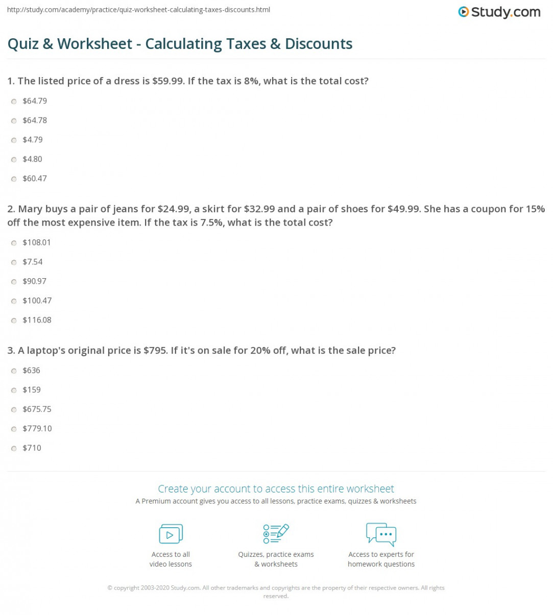 Quiz & Worksheet - Calculating Taxes & Discounts  Study