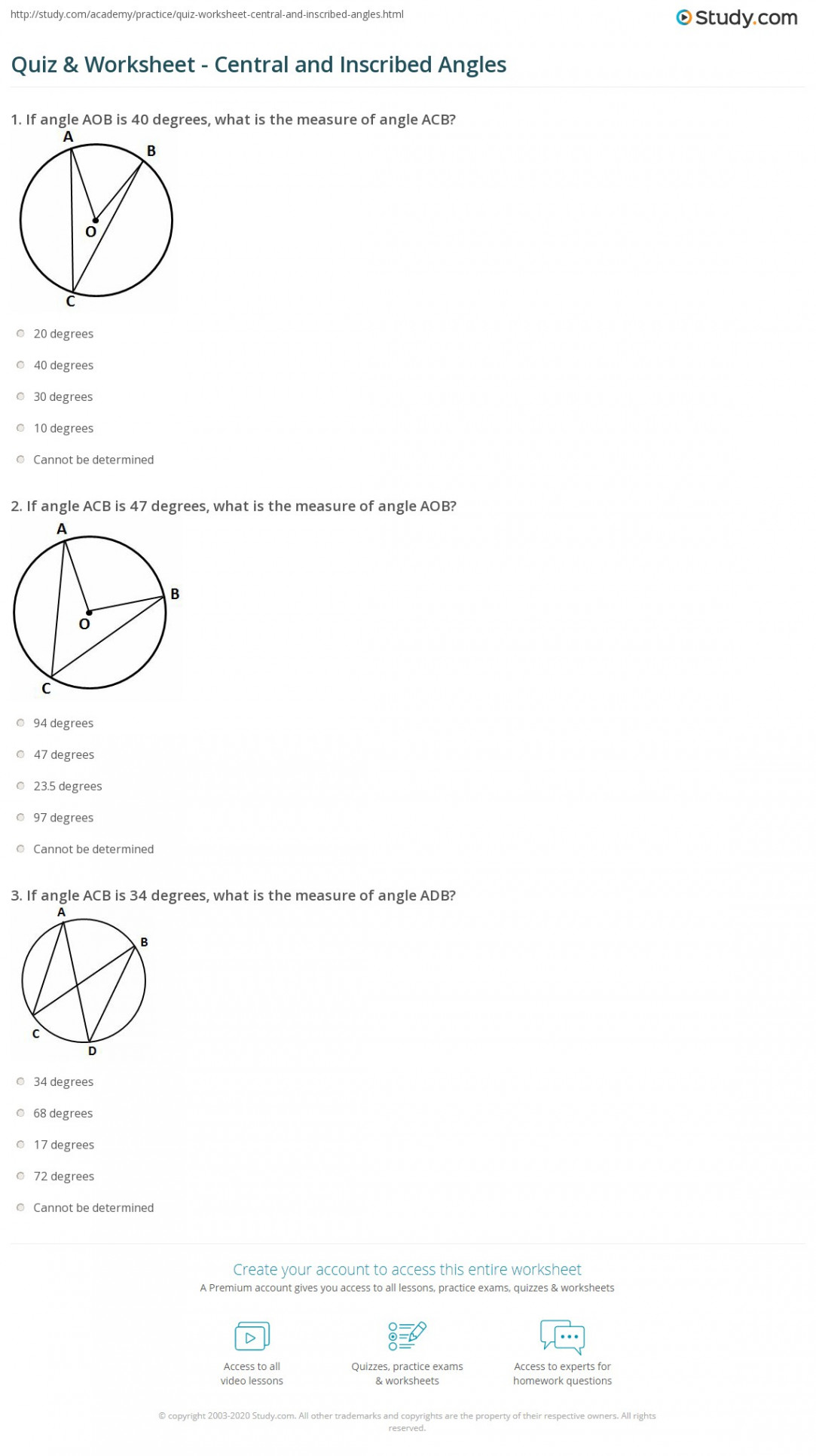 Quiz & Worksheet - Central and Inscribed Angles  Study