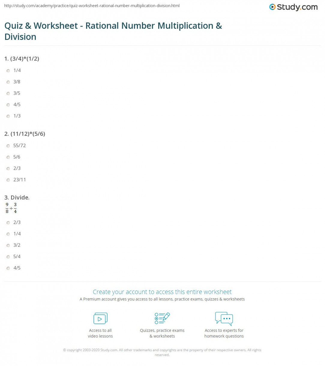 Quiz & Worksheet - Rational Number Multiplication & Division