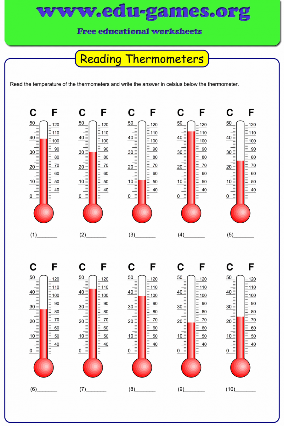 Reading thermometers worksheet