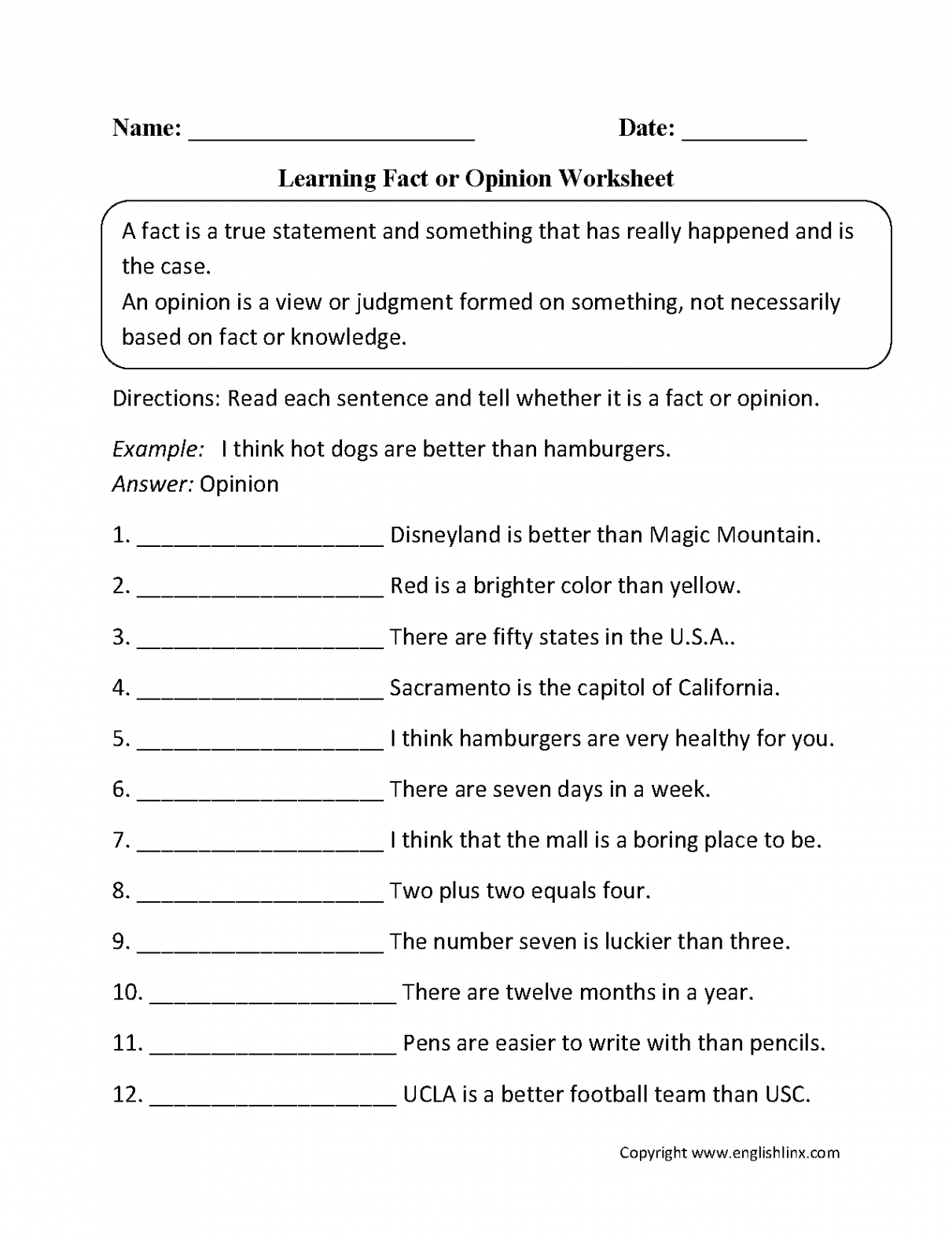 Reading Worksheets  Fact and Opinion Worksheets  Fact and