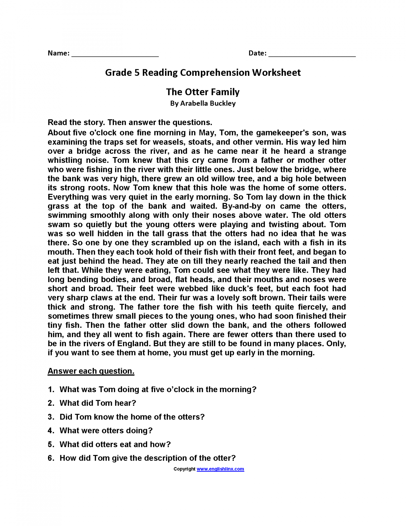 Reading Worksheets  Fifth Grade Reading Worksheets