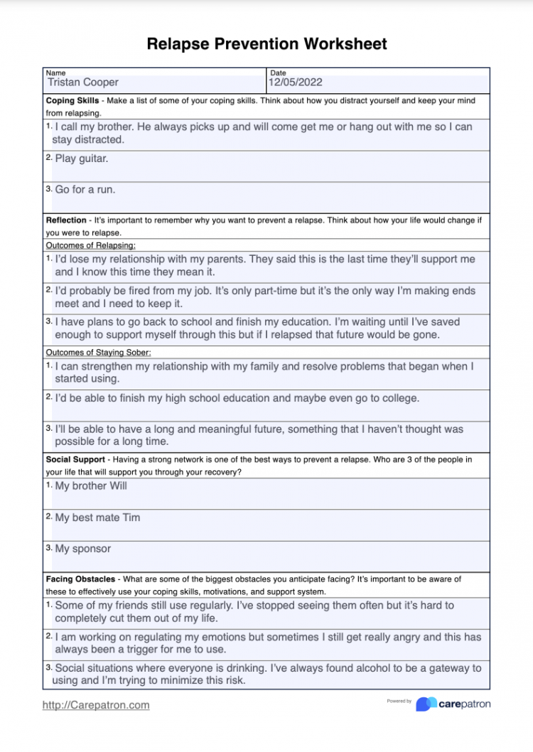 Relapse Prevention Worksheet & Example  Free PDF Download