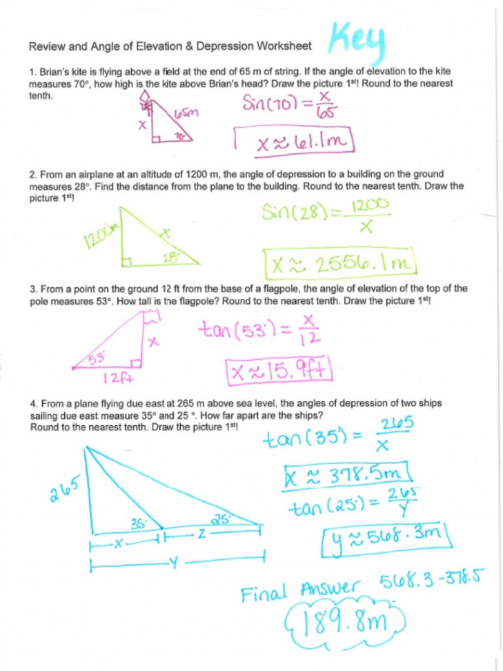 Review and Angle of Elevation Depression Worksheet Key  PDF