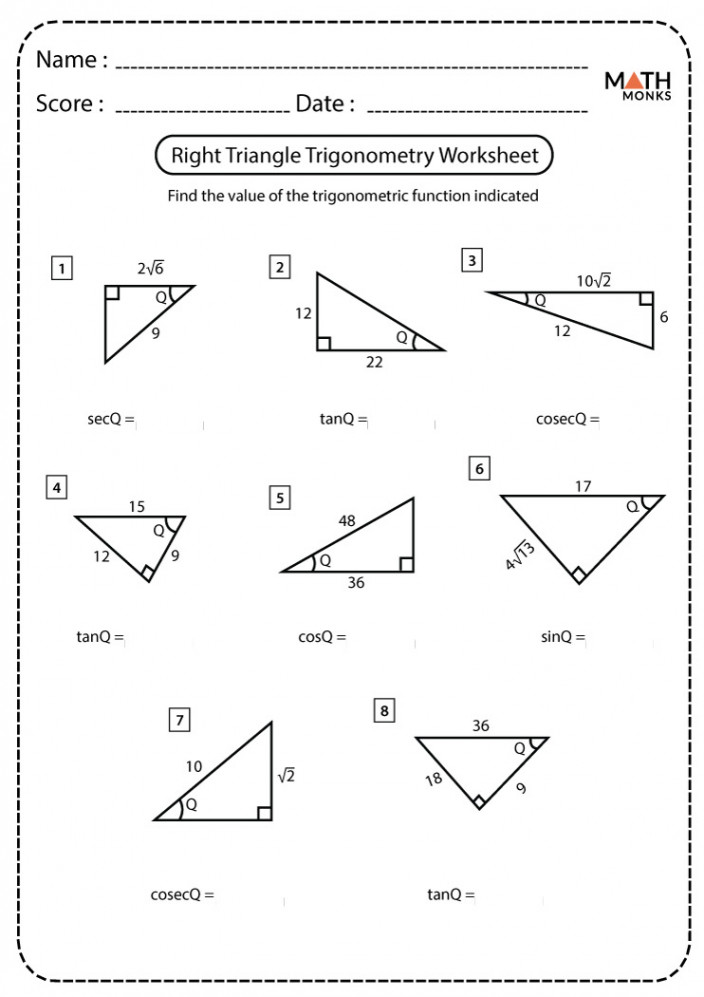 Right Triangle Trigonometry Worksheets - Math Monks