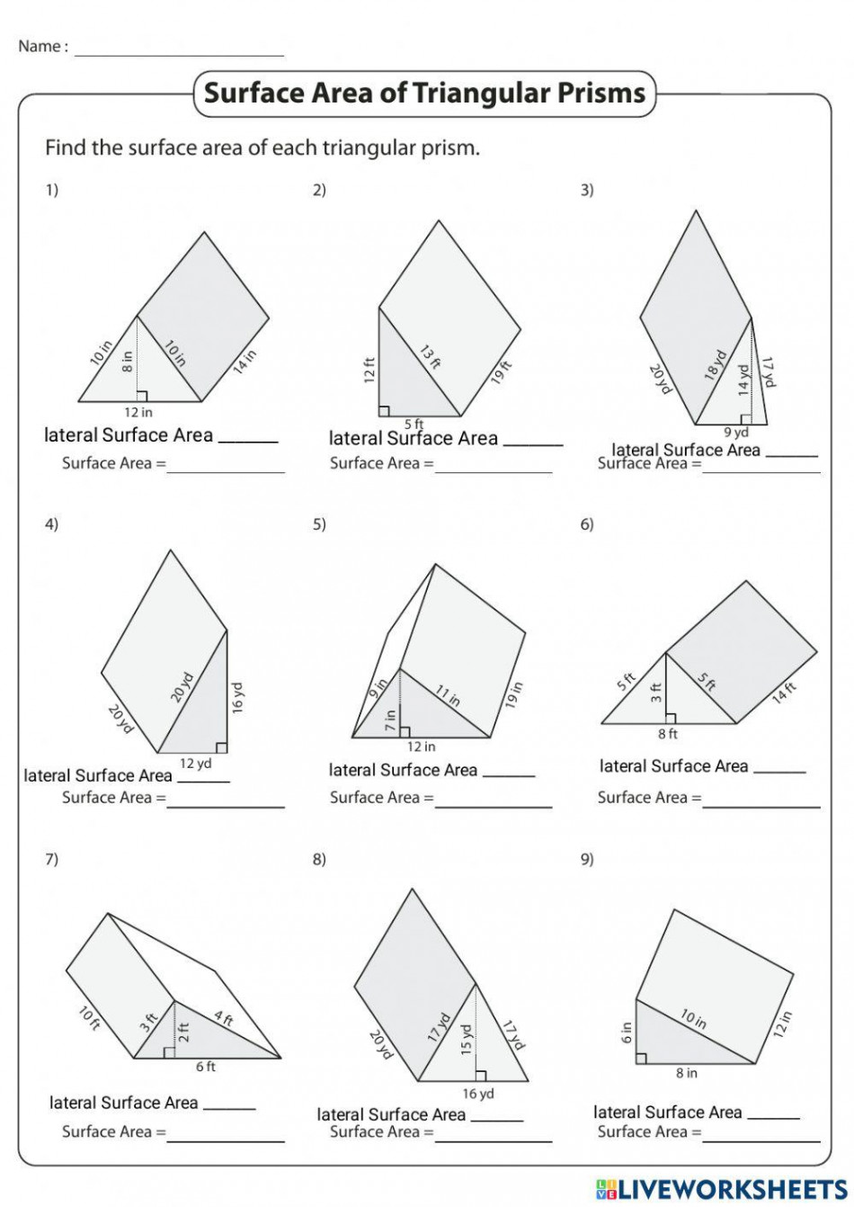 SA of triangular prisms worksheet  Live Worksheets