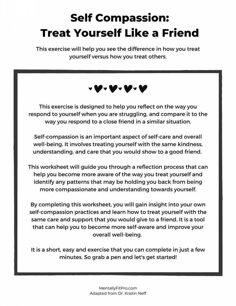 Self Compassion Worksheet: Treat Yourself Like a Friend  Mentally