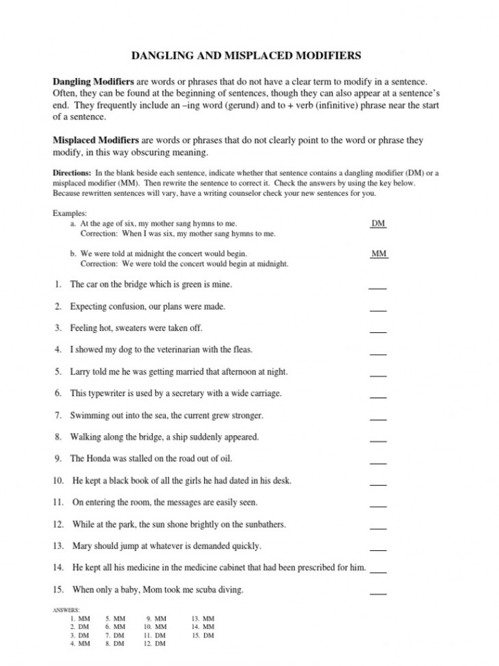 Self-Test For Dangling and Misplaced Modifiers  PDF  Syntax