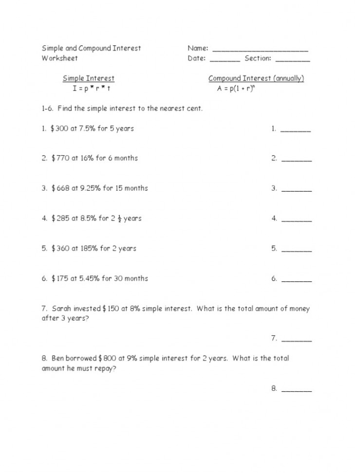 Simple and Compound Interest Worksheet  PDF