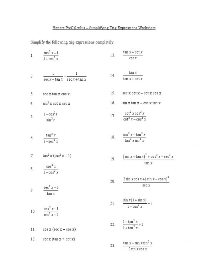 - Simplifying Trig Functions Worksheet  PDF