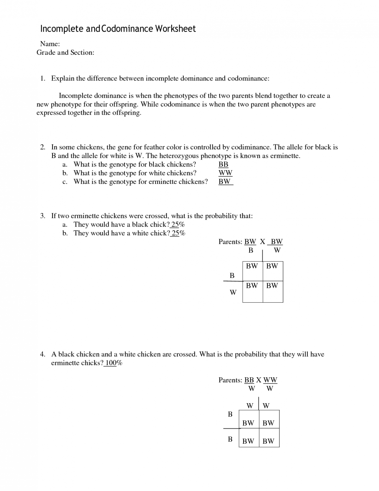 SOLUTION: Incomplete and codominance worksheet and answer key