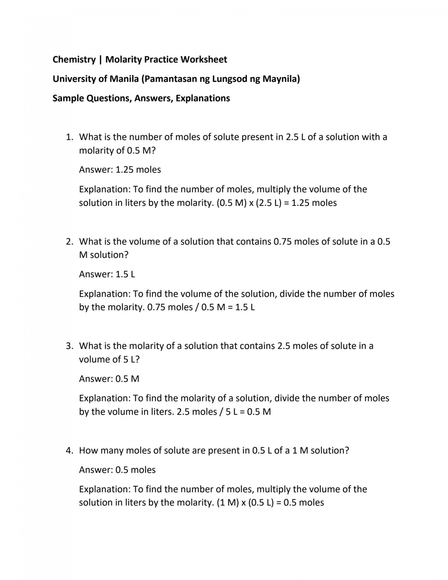 SOLUTION: Molarity practice worksheet - Studypool