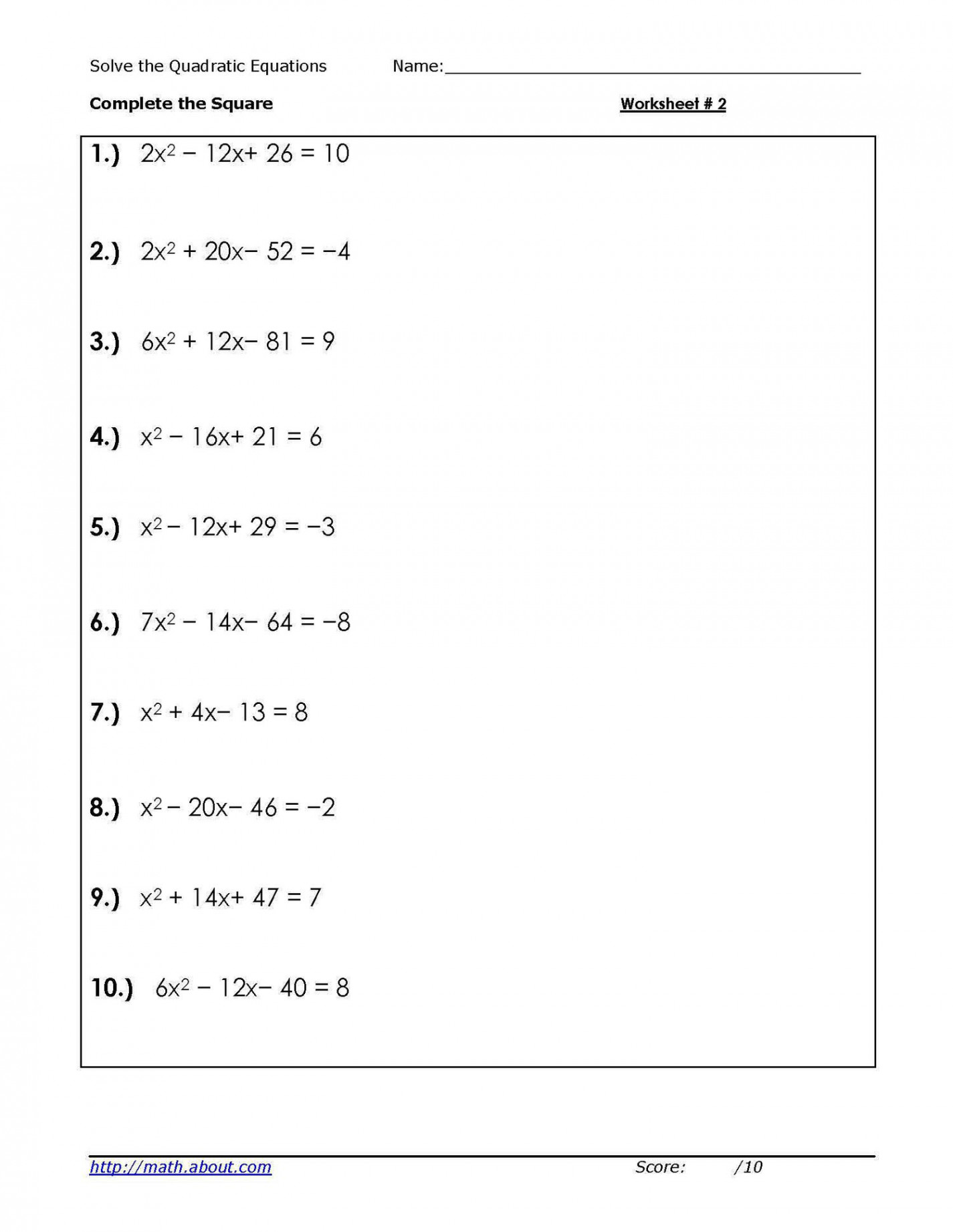 Solve Quadratic Equations by Competing the Square Worksheets