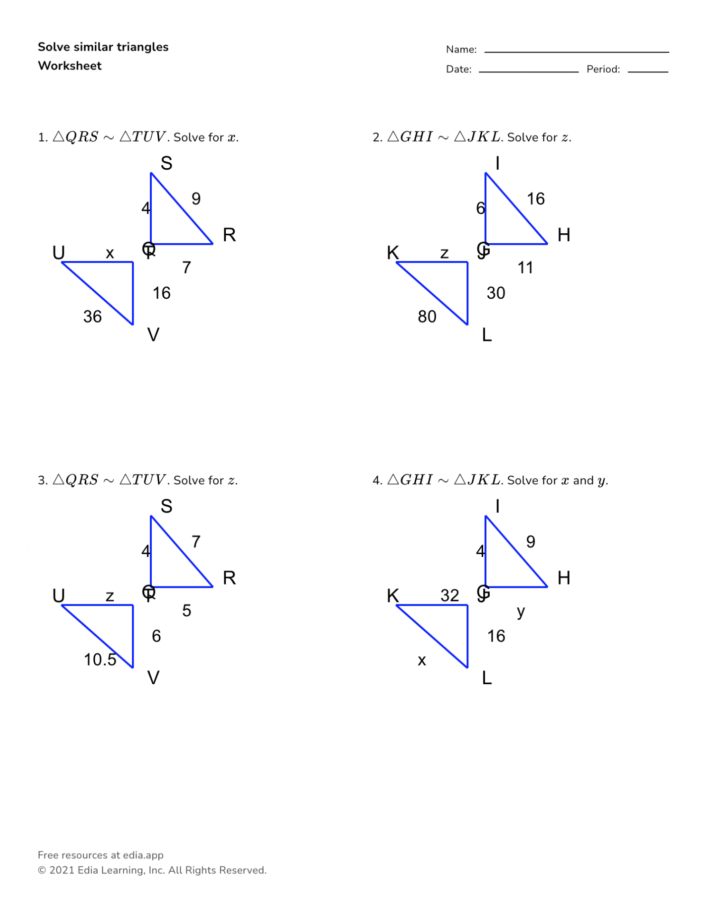 Solve Similar Triangles - Worksheet