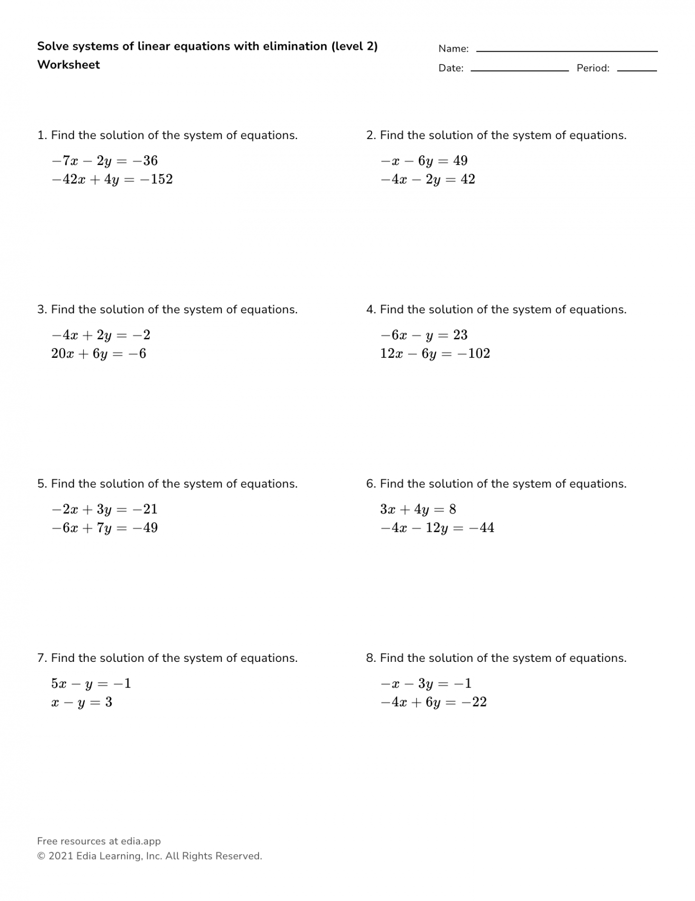 Solve Systems Of Linear Equations With Elimination (level