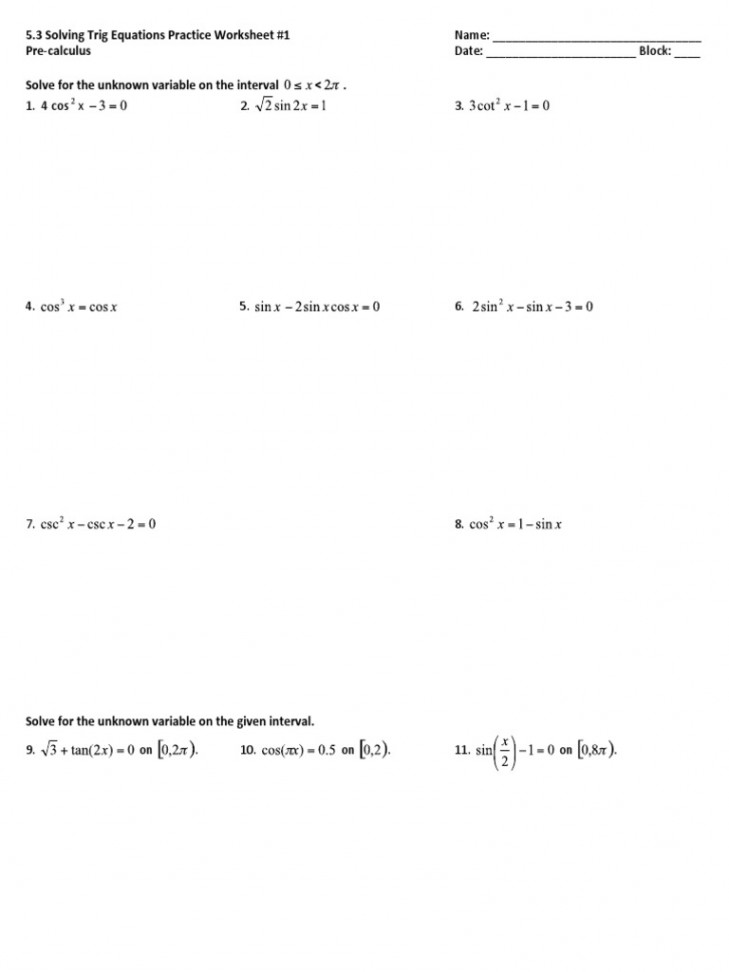 Solve Trig Equations Worksheet