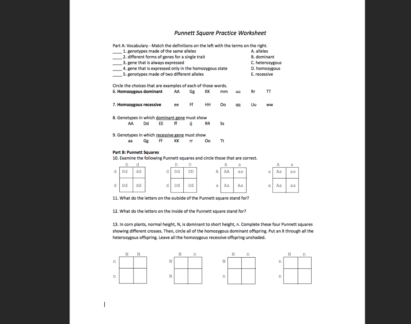 Solved Punnett Square Practice Worksheet Part A: Vocabulary