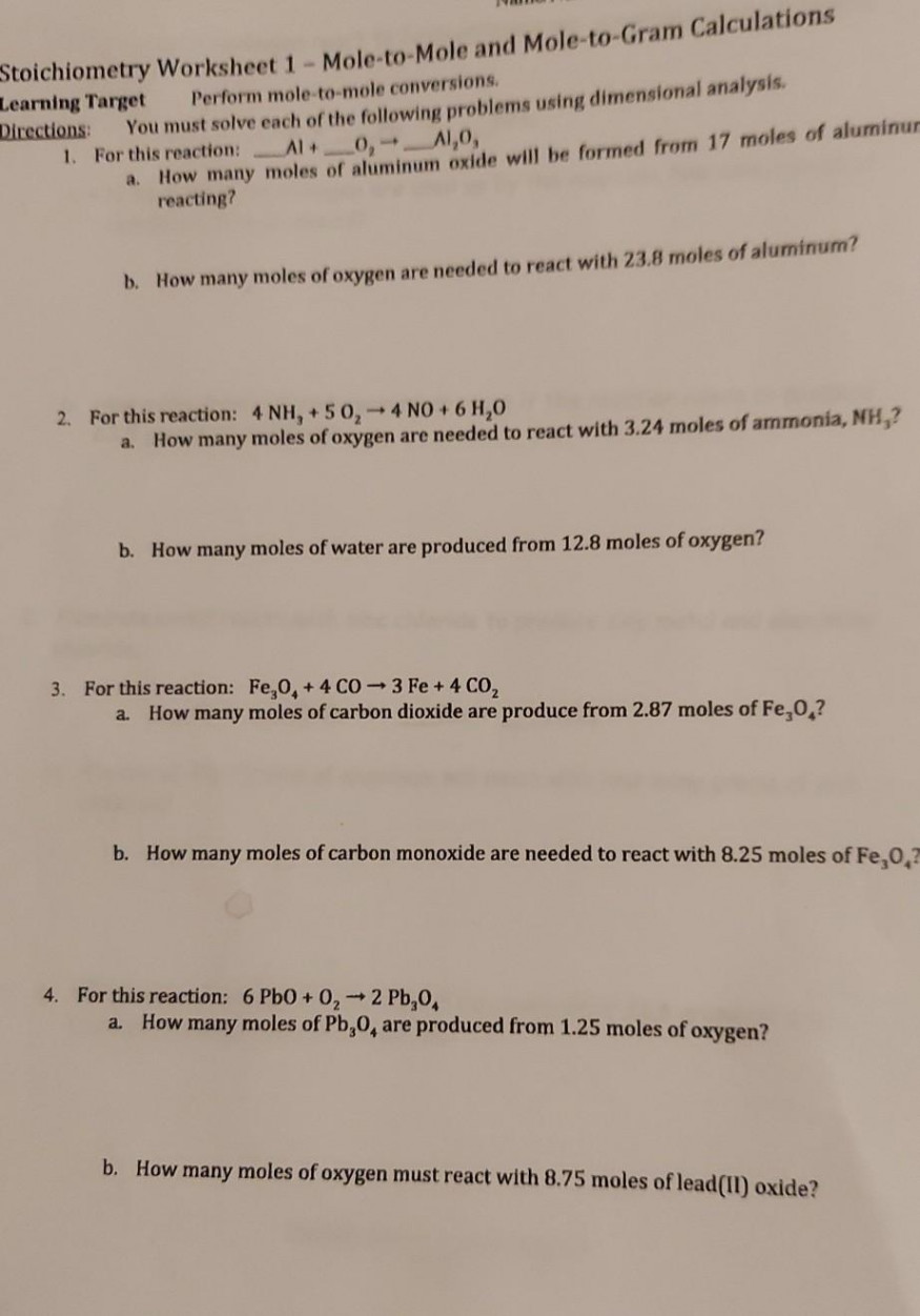 Solved Stoichiometry Worksheet  - Mole-to-Mole and  Chegg