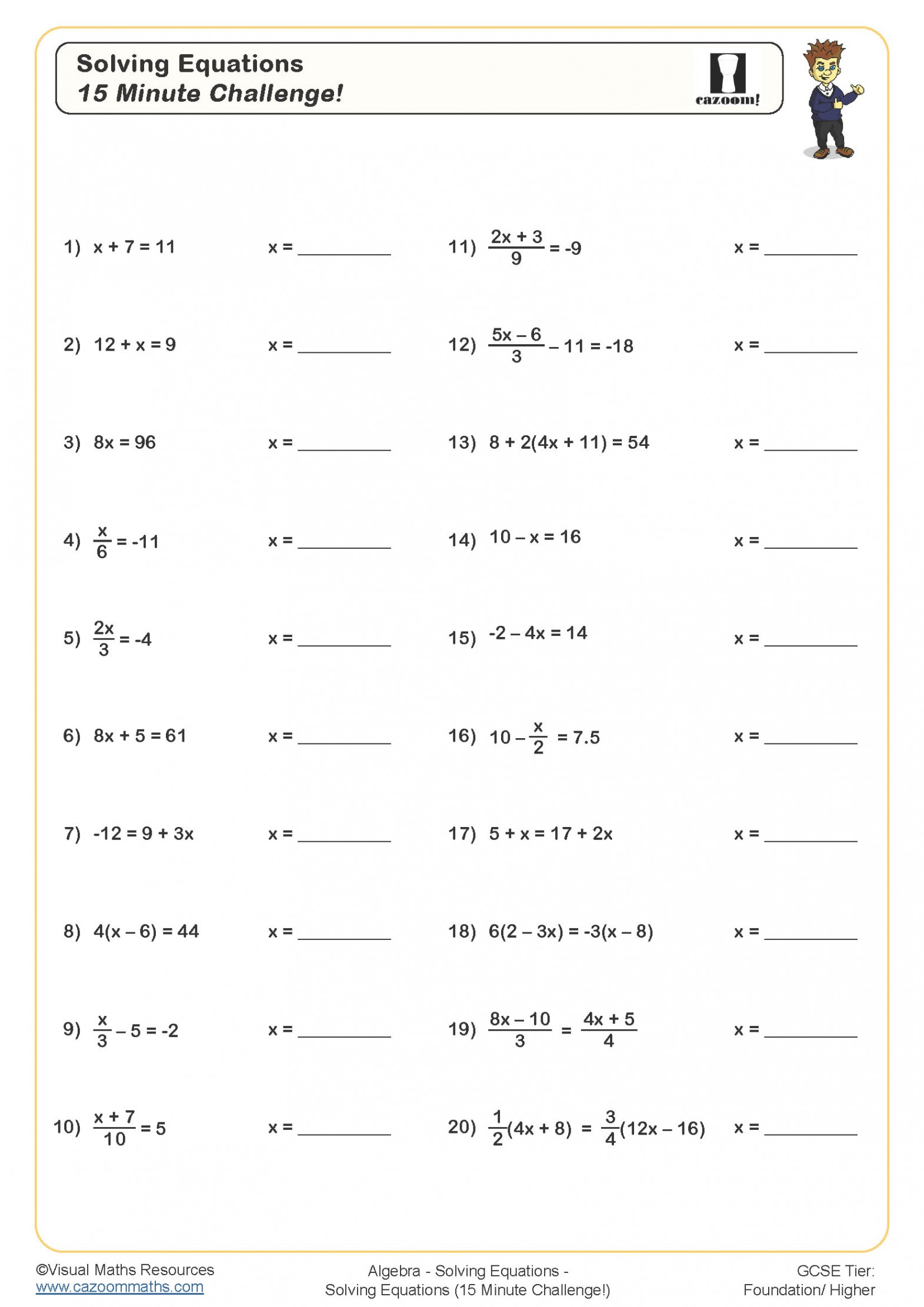 Solving Equations  Minute Challenge Worksheet  Fun and Engaging