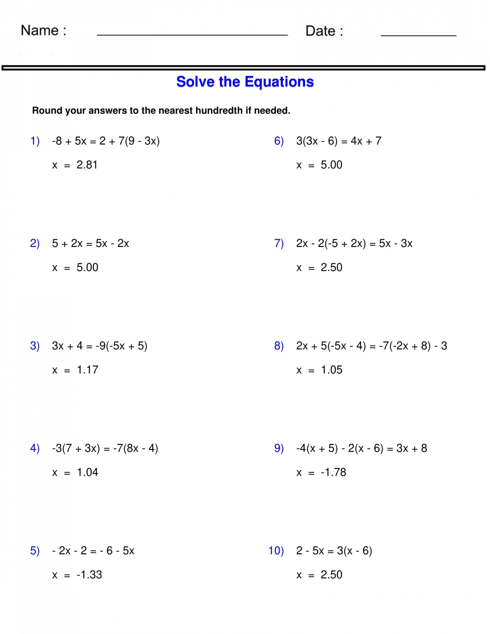 solving equations with variables on both sides Worksheet