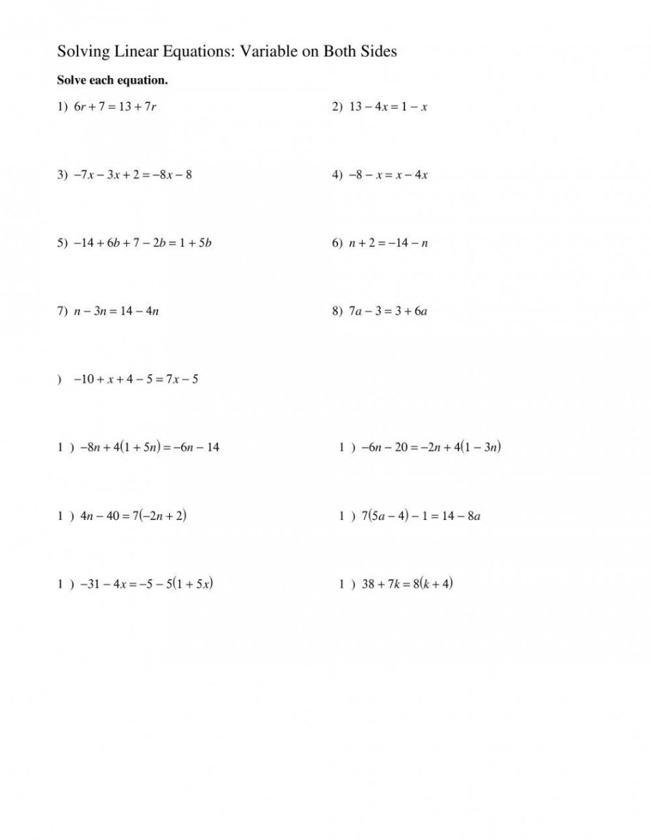 Solving linear equations with variables on both sides worksheet