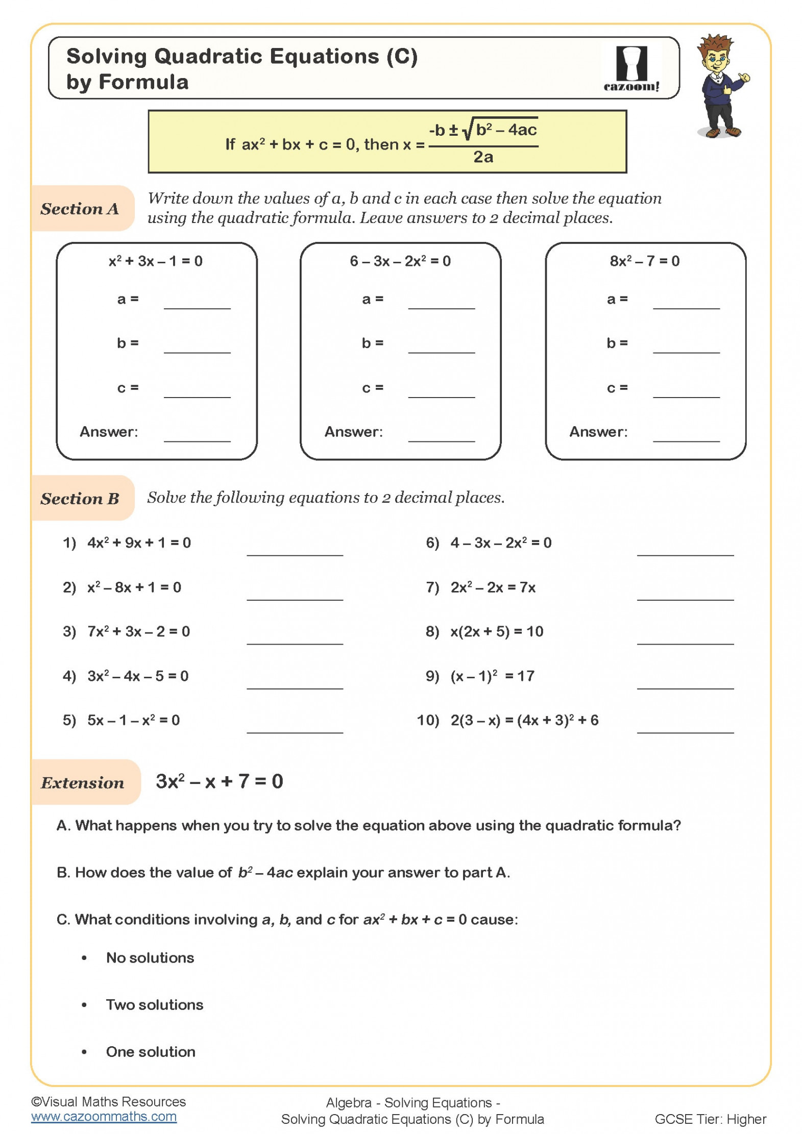 Solving Quadratic Equations (C) (by Quadratic Formula) Worksheet