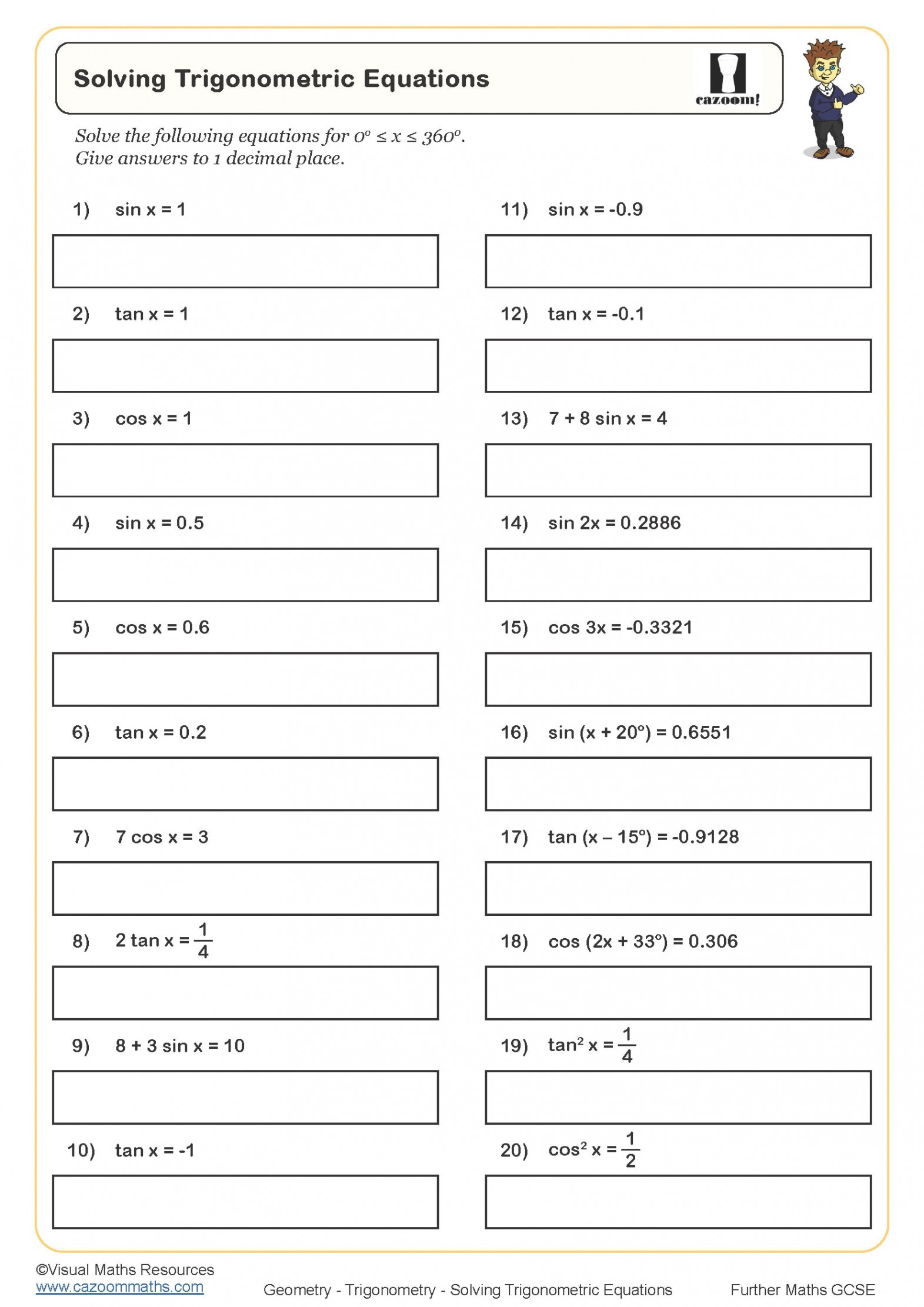 Solving Trigonometric Equations Worksheet  Printable Maths Worksheets