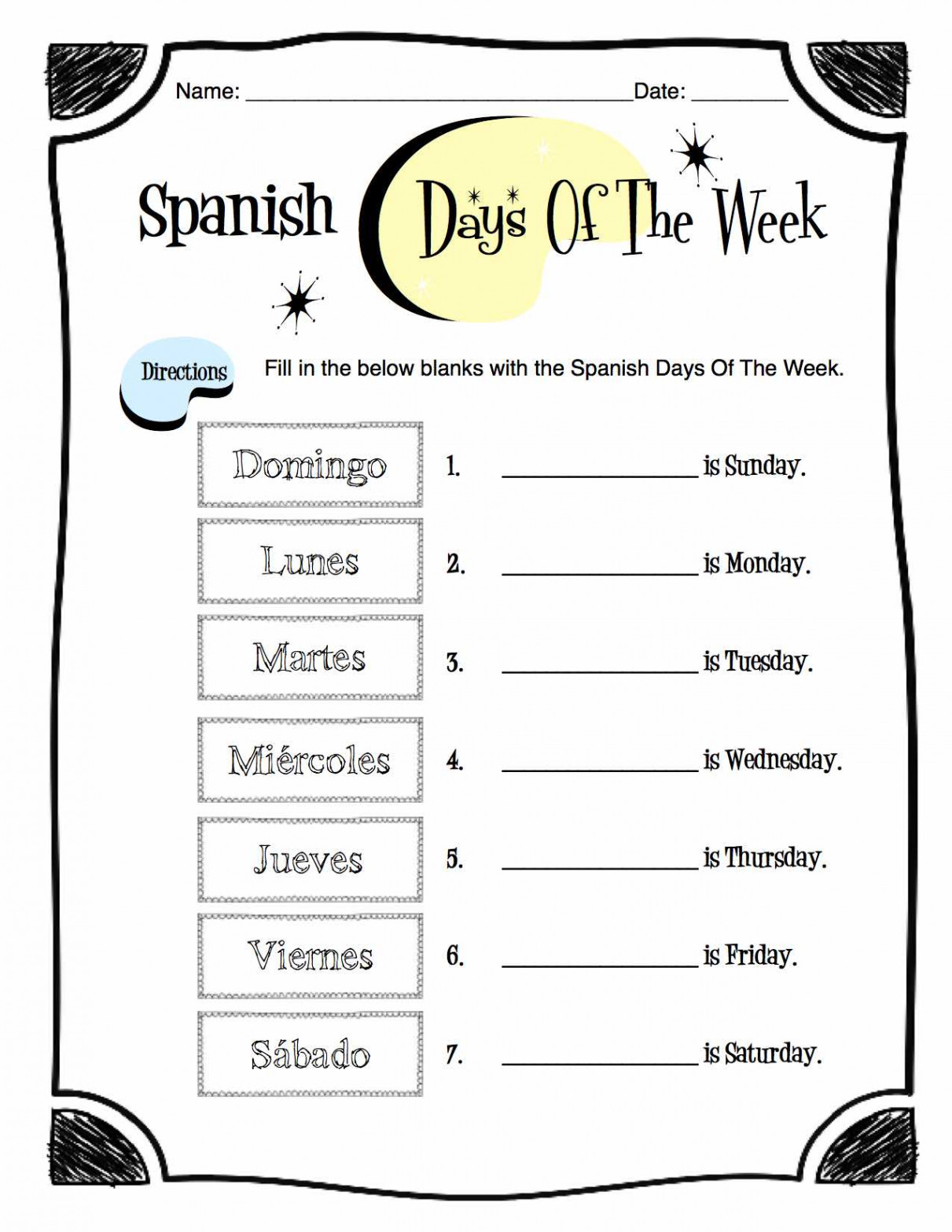 Spanish Days of the Week Worksheet Packet