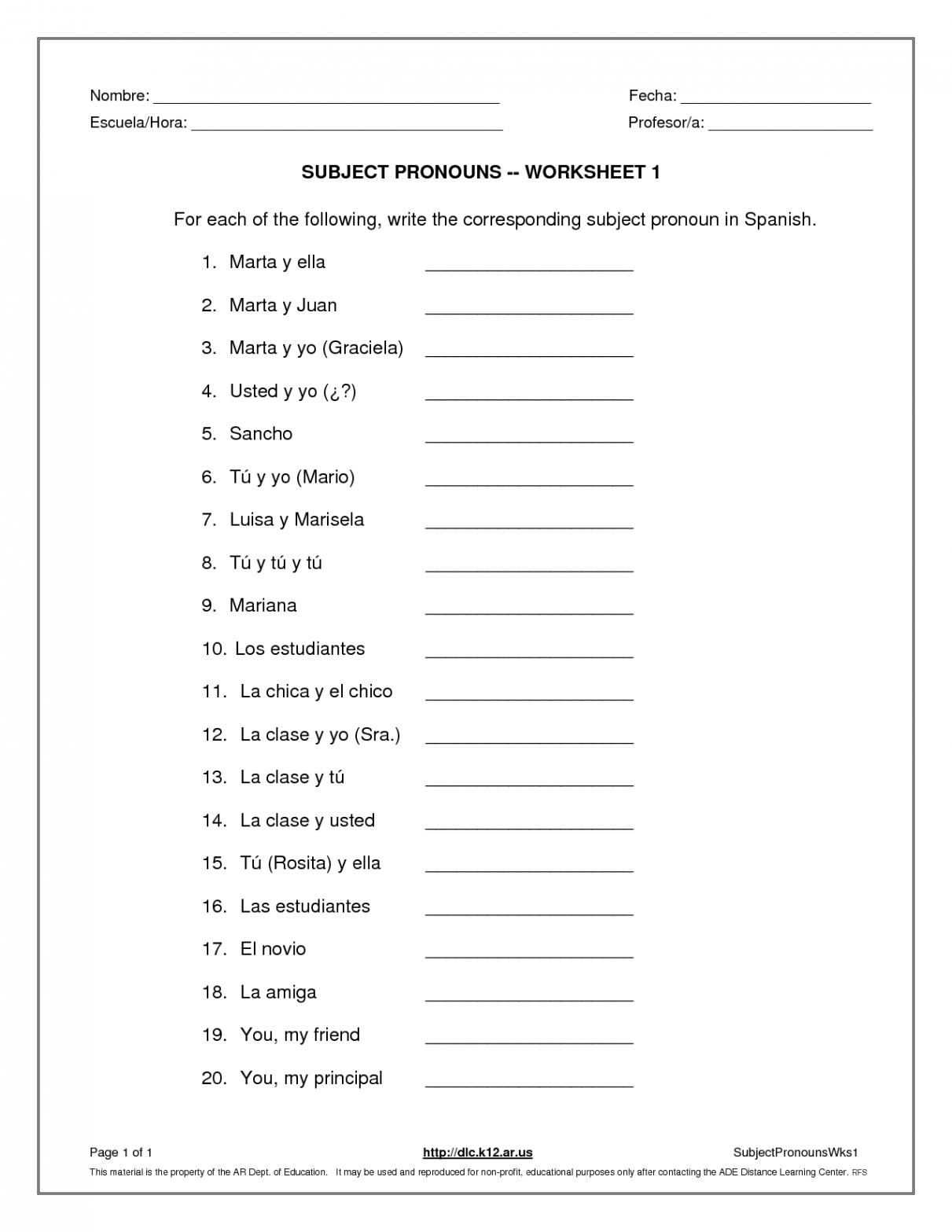 Spanish Worksheets Printables  SUBJECT PRONOUNS -- WORKSHEET