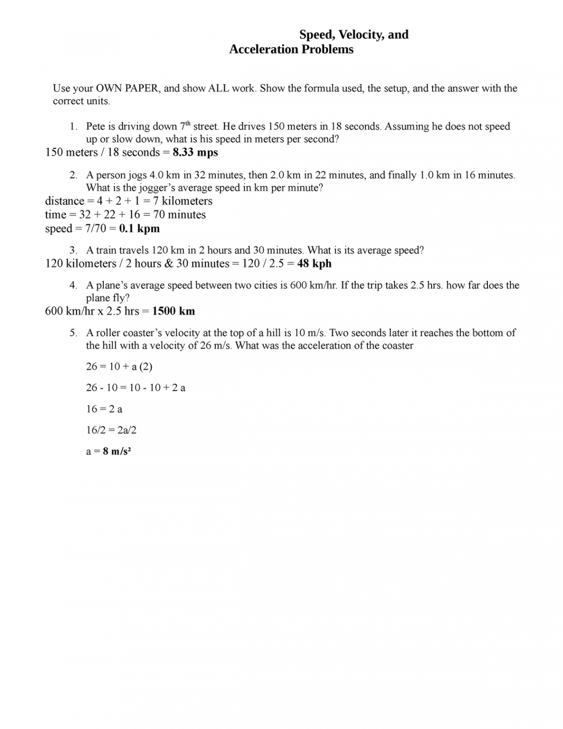 Speed,velocity, and acceleration problems - Speed, Velocity, and