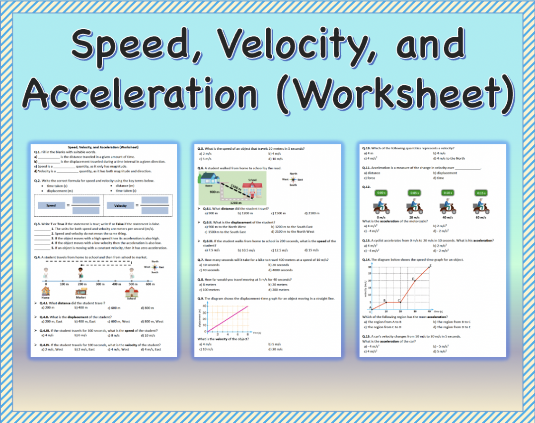 Speed, Velocity, and Acceleration - Worksheet  Printable and