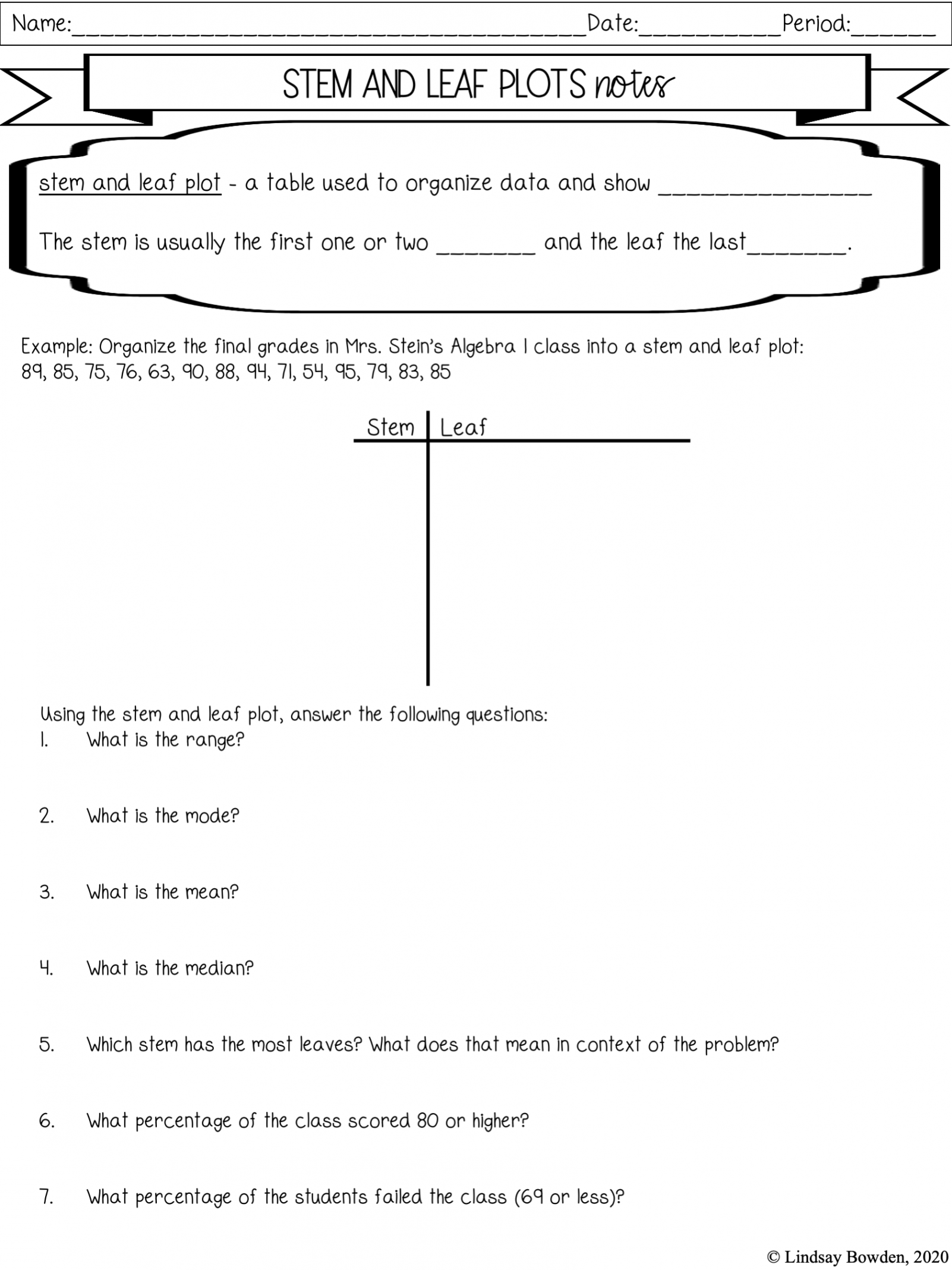 Stem and Leaf Plots Notes and Worksheets - Lindsay Bowden