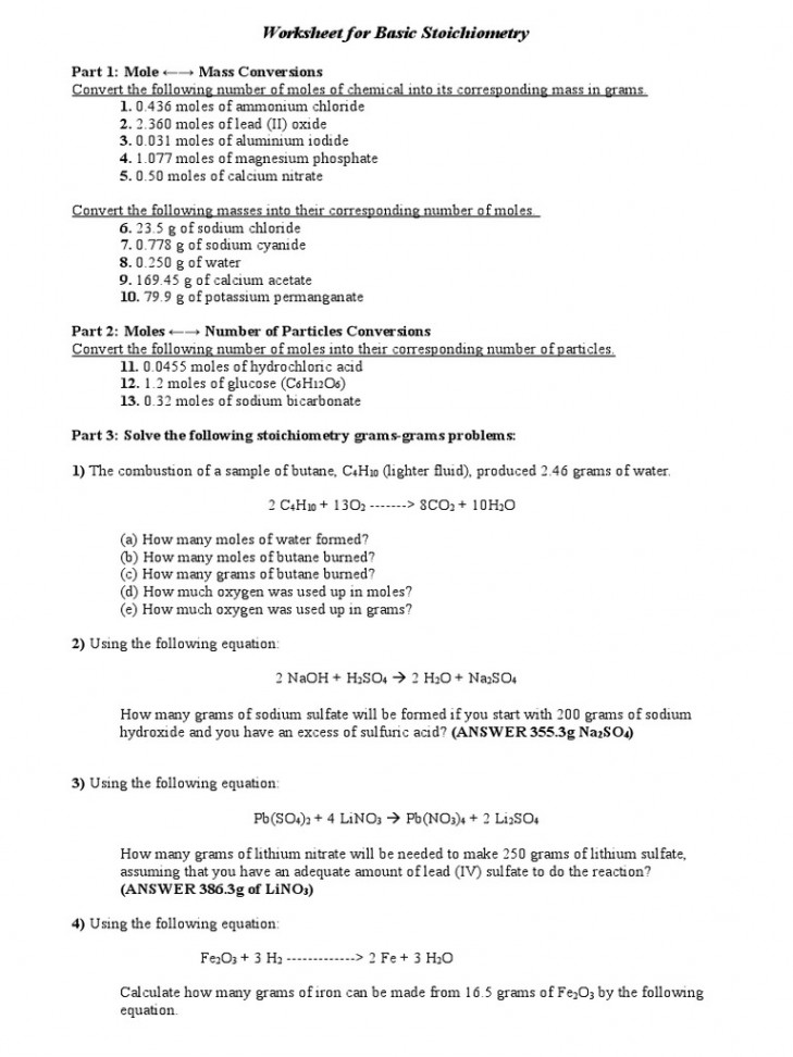 Stoichiometry Worksheet  PDF