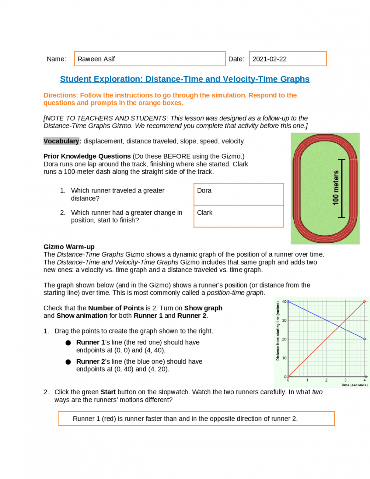 Student Exploration_ Distance-Time and Velocity-Time Graphs Gizmo