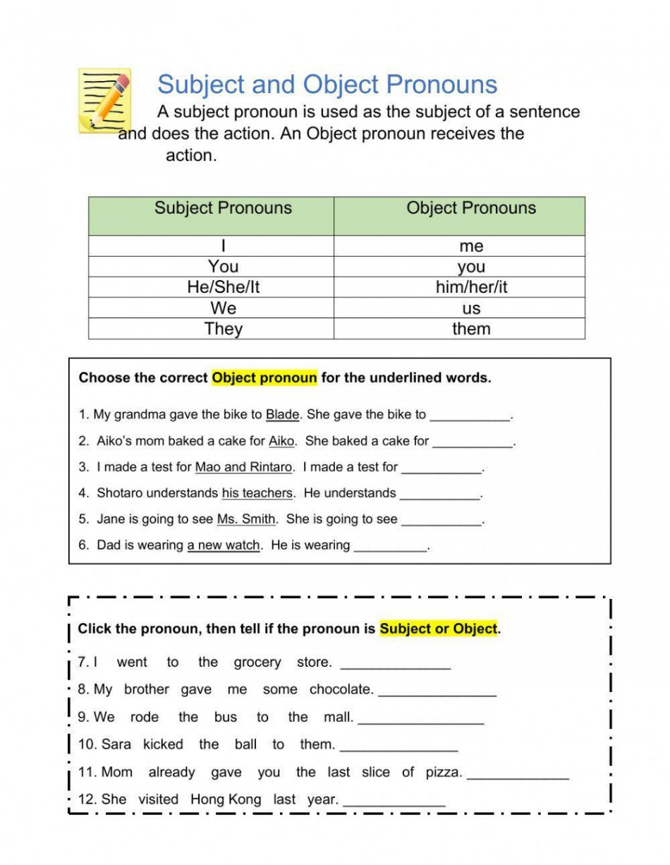 Subject and Object pronouns online activity for Pre-intermediate