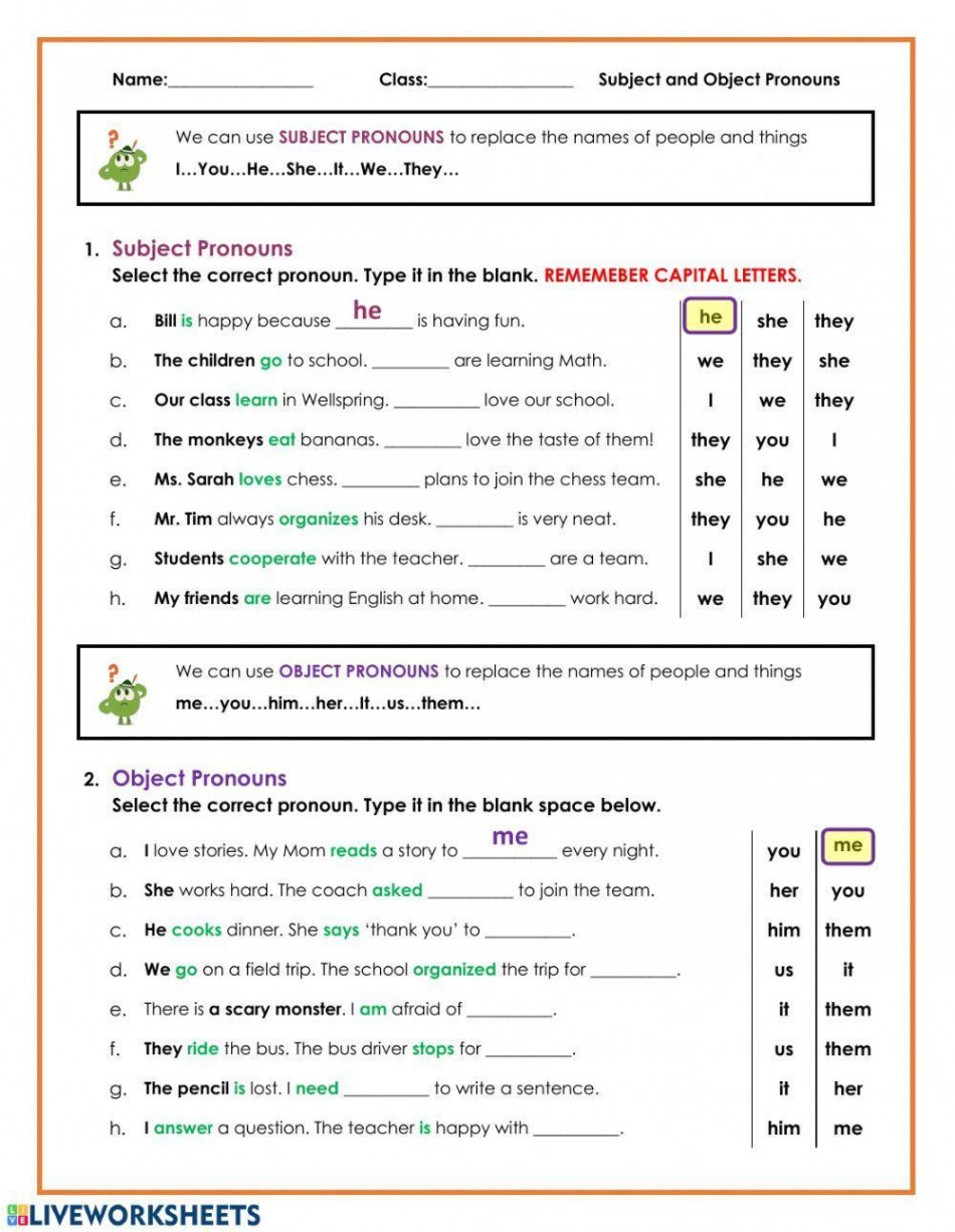 Subject and Object Pronouns online worksheet  Live Worksheets