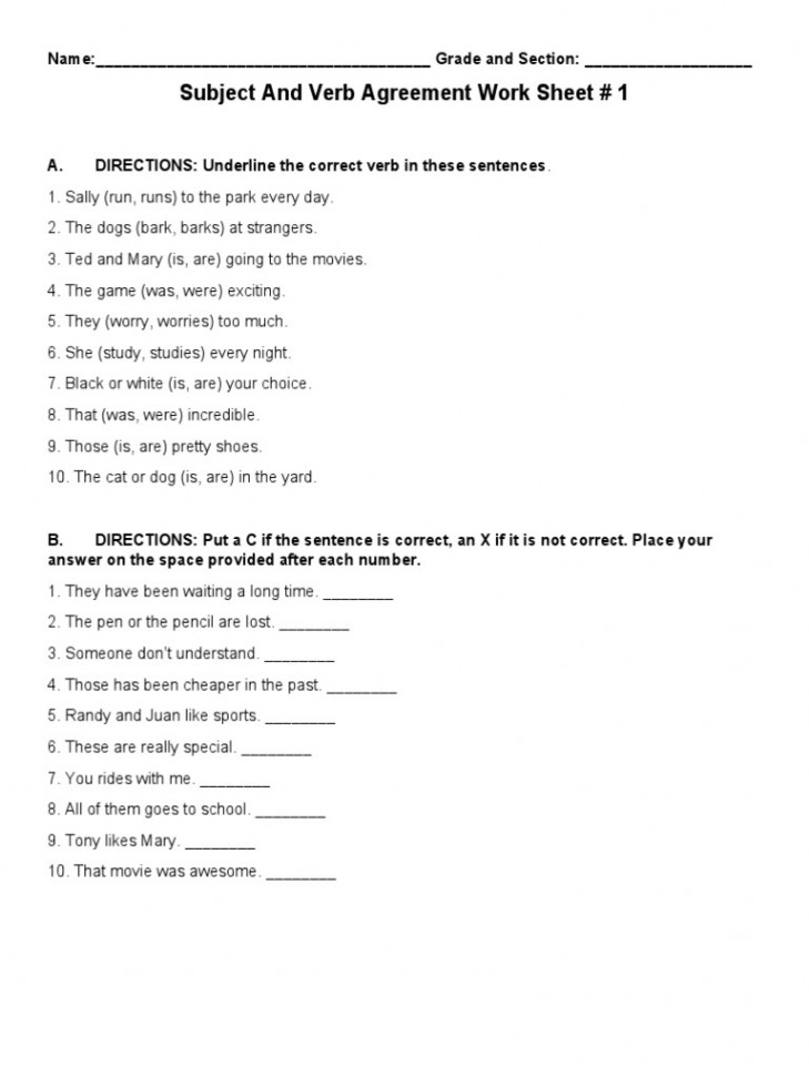 Subject and Verb Agreement Worksheet Grade   PDF  Subject