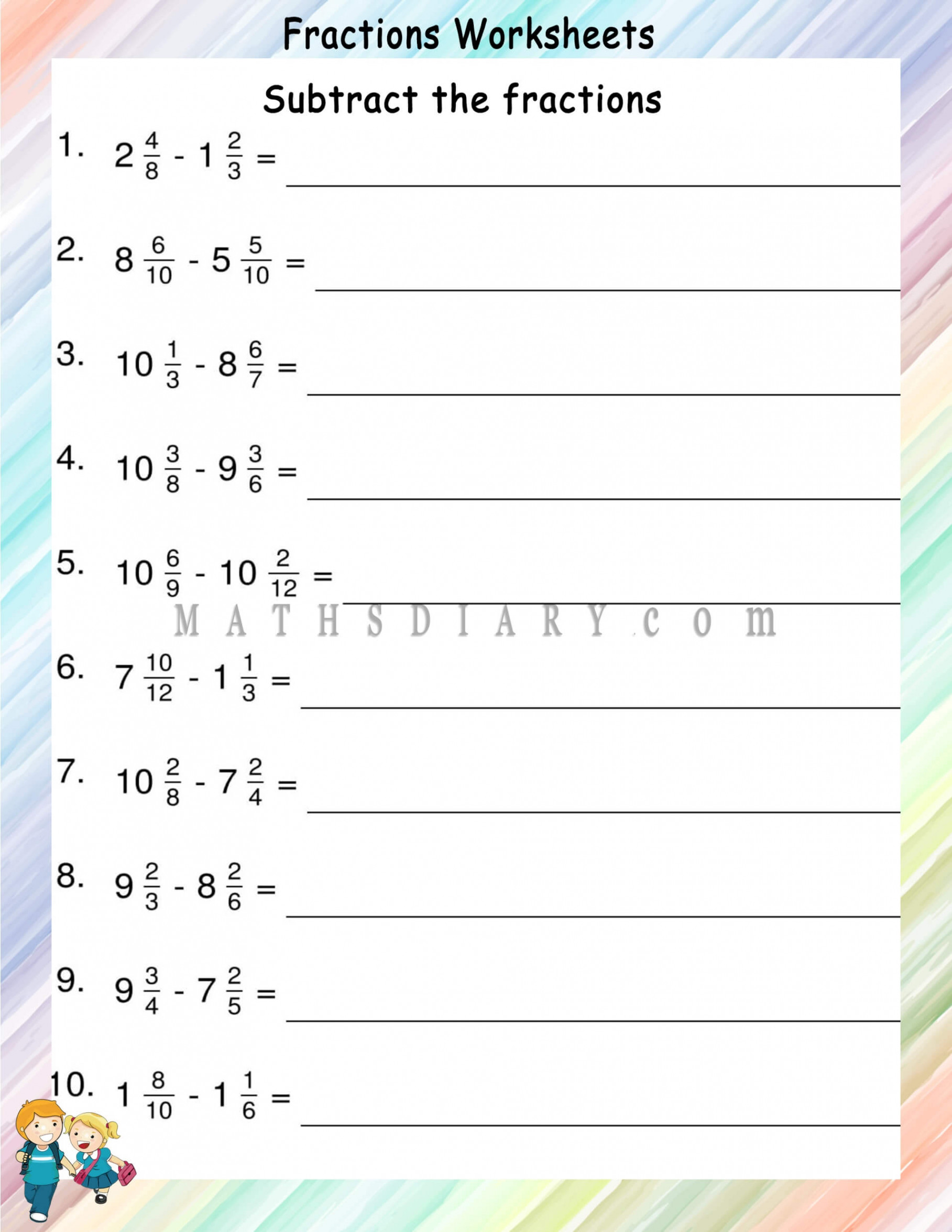 Subtracting Unlike fractions worksheets - Math Worksheets