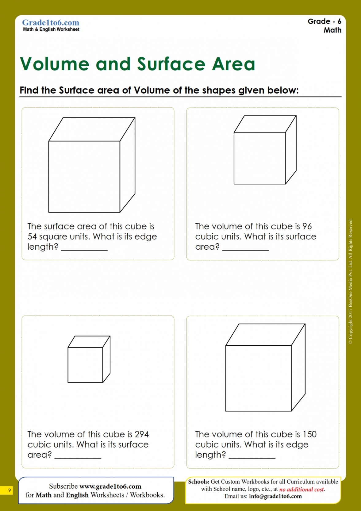 Surface Area & Volume Worksheet  Gradeto