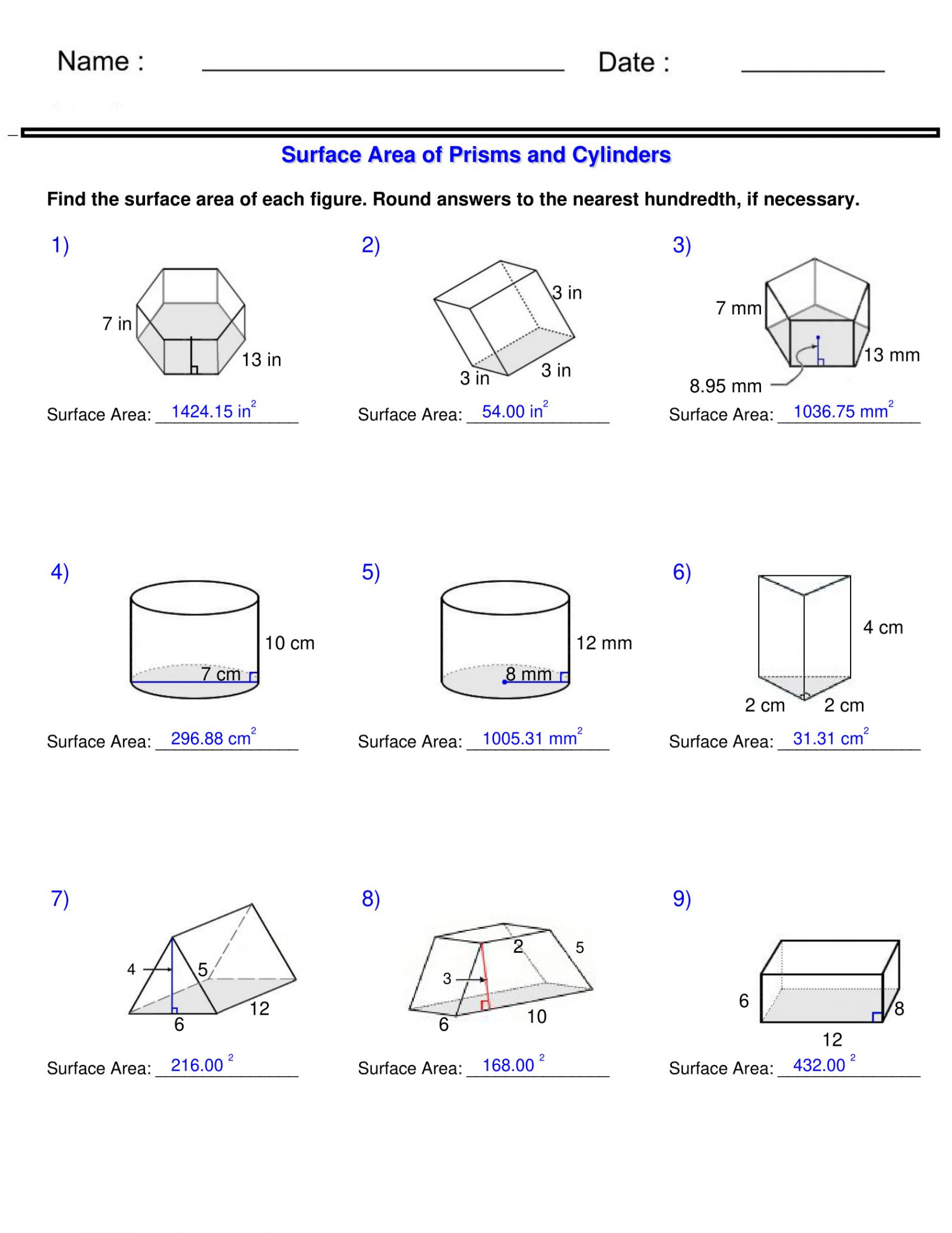 Surface Area and Volume - Prisms and Cylinders Surface Area Worksheets