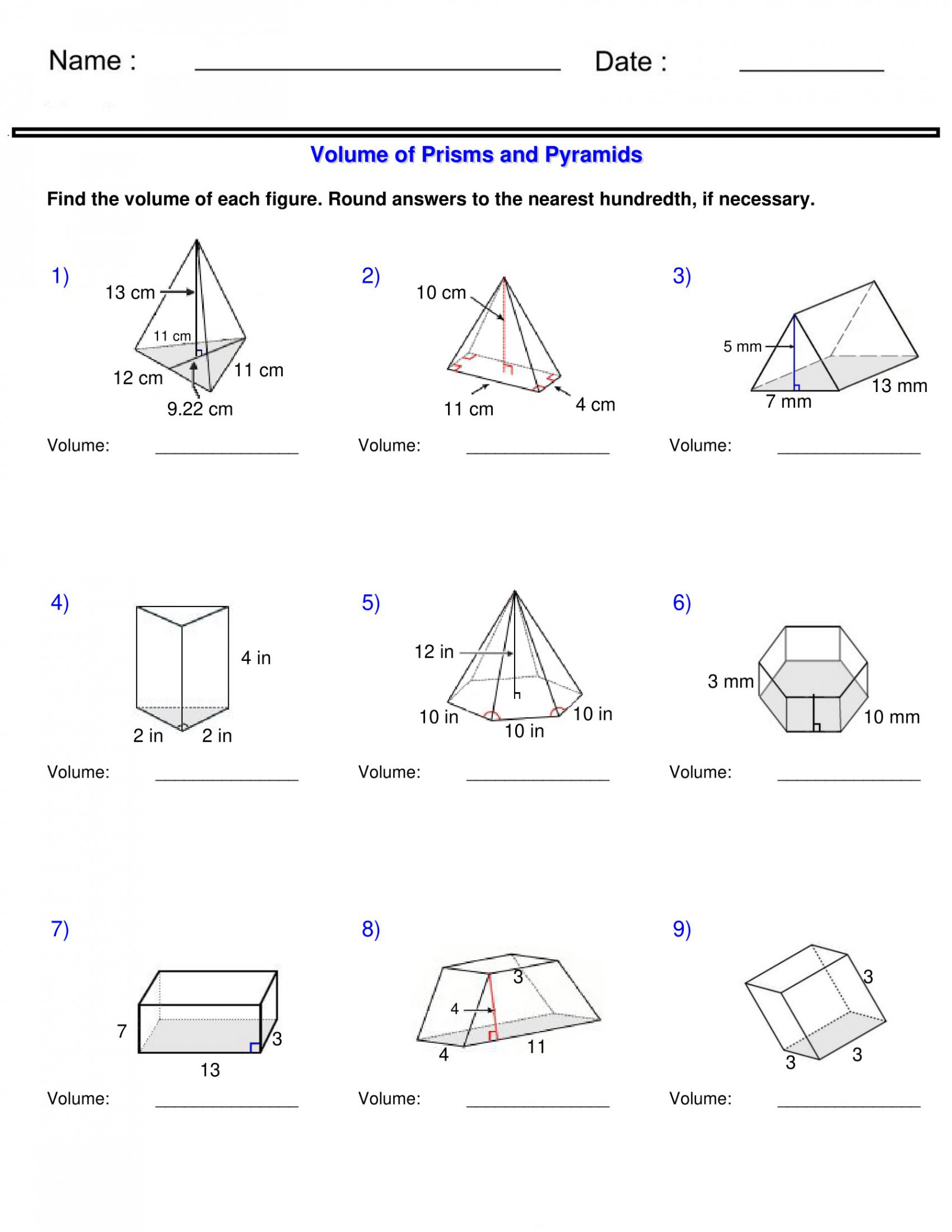 Surface Area and Volume - Prisms and Pyramids Volume Worksheets