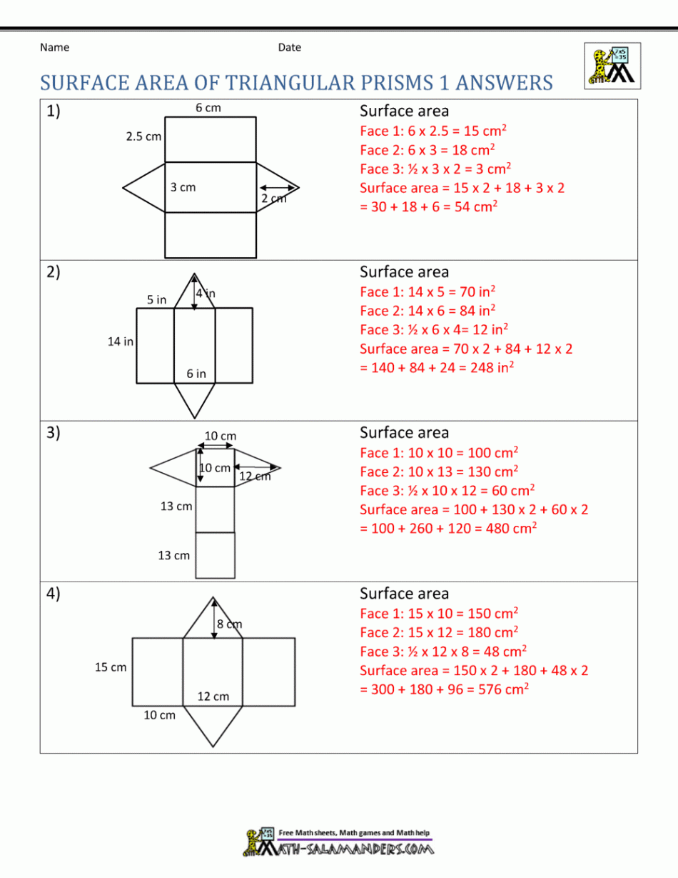 Surface Area Worksheet th Grade