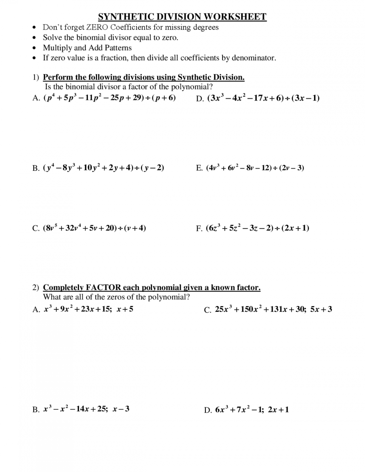 SYNTHETIC DIVISION WORKSHEET  Exercises Calculus  Docsity