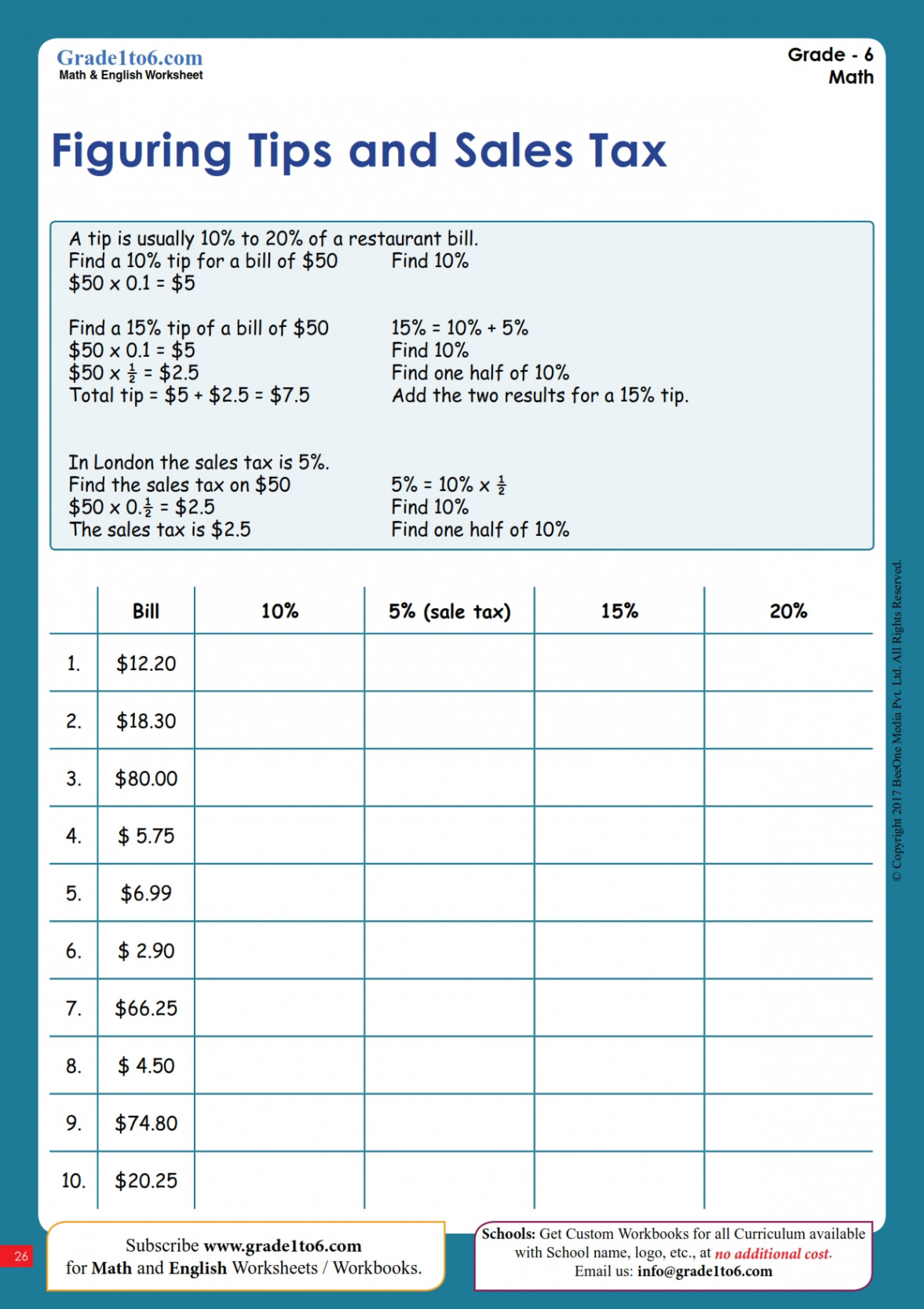 Tax, Tip, and Discount Word Problems Worksheet  Gradeto